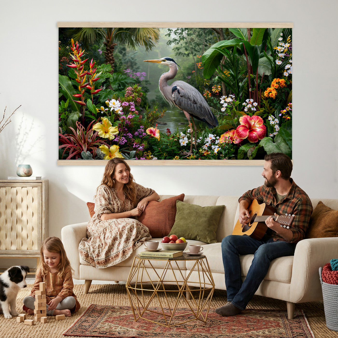 82504330-MGV-TP-30X20 - Botanical botanical illustration tapestry wall hanging of "Great Blue Heron in the Jungle", showing a great blue heron standing among hibiscus blooms, palm fronds and dense tropical foliage in deep jungle greens with red hibiscus and soft blue heron plumage. Extra large wall art, made in the USA.