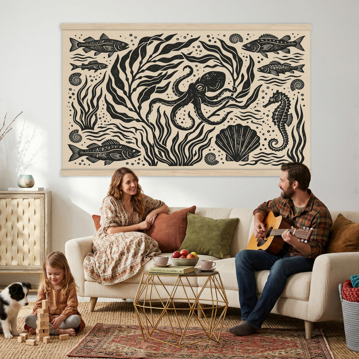 75988079-MGV-TP-30X20 - Folk Art linocut print tapestry wall hanging of "Ocean Life Panel", showing an octopus, seahorses, shells and curling waves cut into bold black and white folk art shapes in bold black linocut shapes on a cream ground. Extra large wall art, made in the USA.