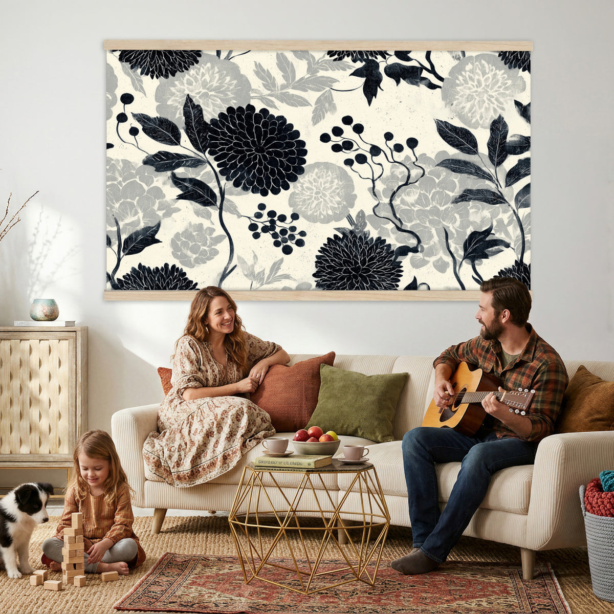 27269625-MGV-TP-30X20 - Chinoiserie ink block print tapestry wall hanging of "Chinoiserie Peony and Chrysanthemum Panel", showing peonies and chrysanthemums layered across a soft grey field, drawn in muted black line in black and soft grey linework on a warm neutral ground. Extra large wall art, made in the USA.