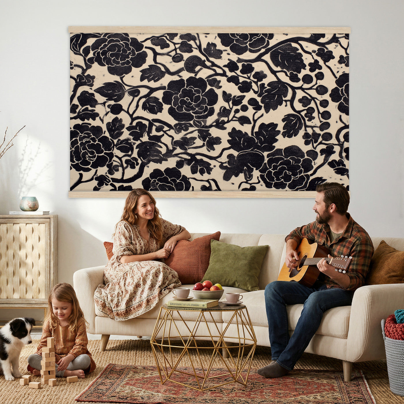 18660803-MGV-TP-30X20 - Chinoiserie ink block print tapestry wall hanging of "Chinoiserie Peony Panel", showing full peony blooms, curling stems and layered leaf work drawn in fine black line on a pale ground in deep black linework on a soft white ground. Extra large wall art, made in the USA.
