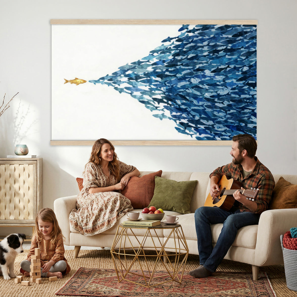 79089639TT-MGV-TP-30X20 - Abstract Blue Fish School Canvas Wall Art, Gold Foil Accent Marine Print
