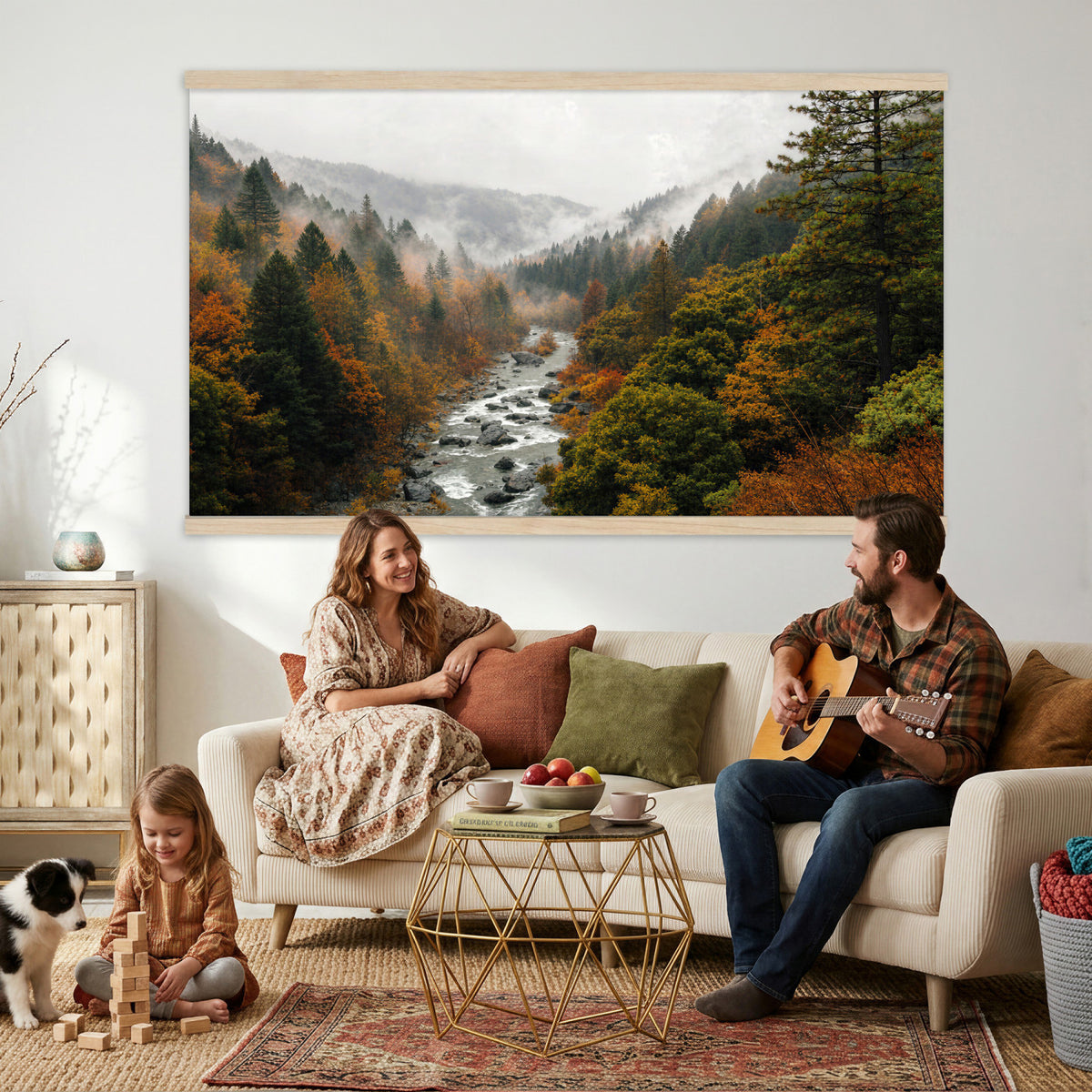 95540697-MGV-TP-30X20 - Misty River Mountain Valley Canvas Wall Art - Autumn Forest Landscape Nature Print