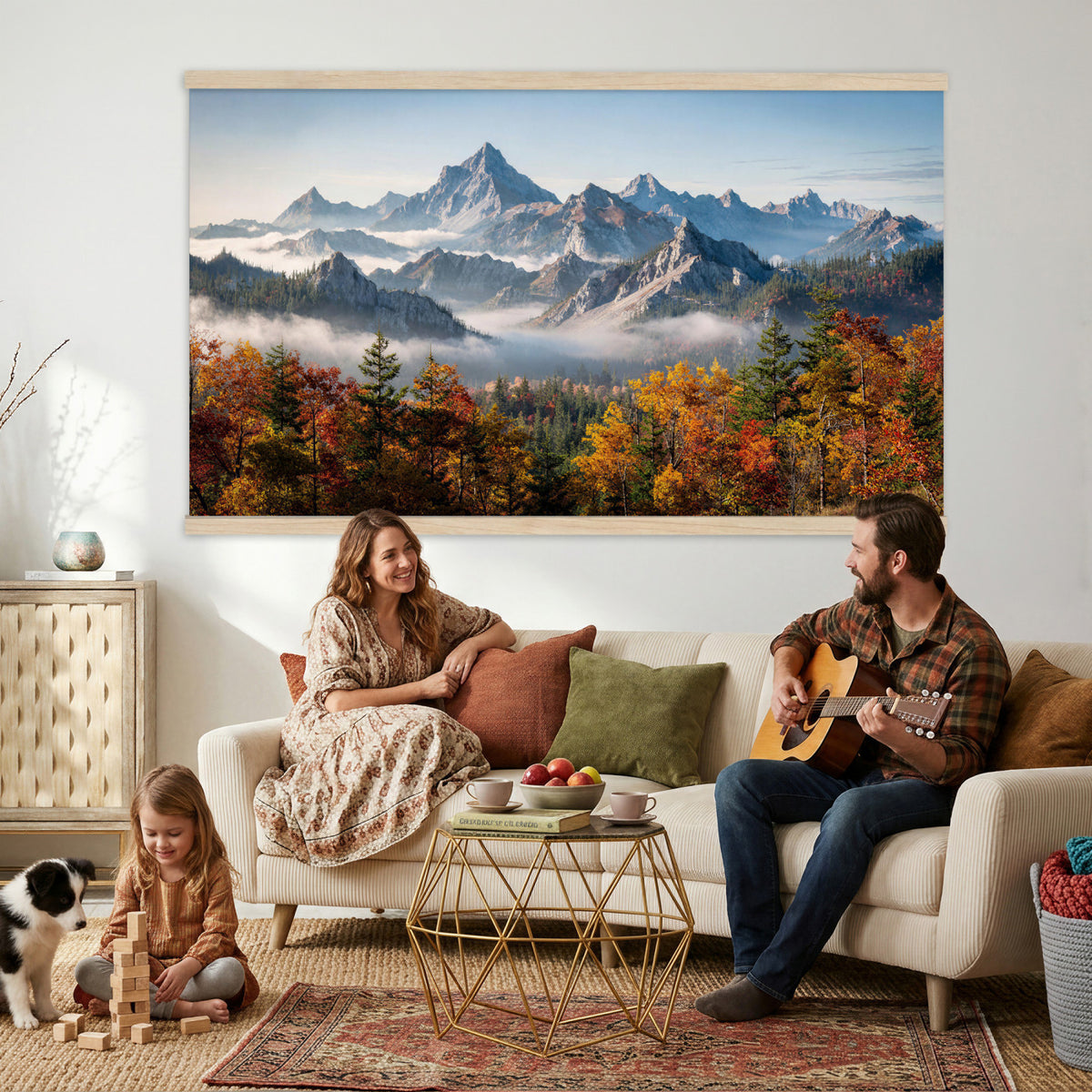 38847944-MGV-TP-30X20 - Majestic Mountain Peak Canvas Wall Art - Panoramic Autumn Forest Fog Landscape Print