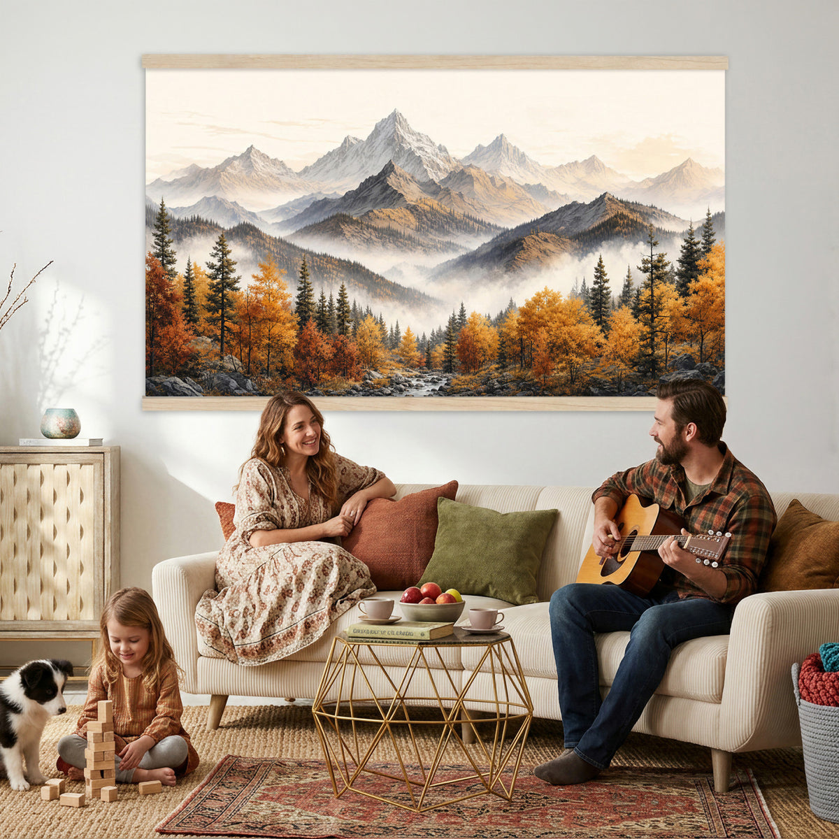 21309099-MGV-TP-30X20 - Extra Large Misty Mountain Autumn Forest Canvas Wall Art - Watercolor Fall Nature Landscape Print