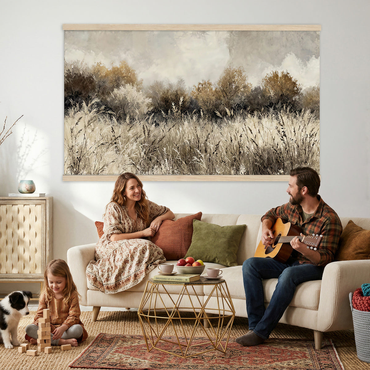 53959945-MGV-TP-30X20 - Muted Neutral Forest Landscape Canvas Wall Art - Vintage Rustic Wildflower Meadow Print
