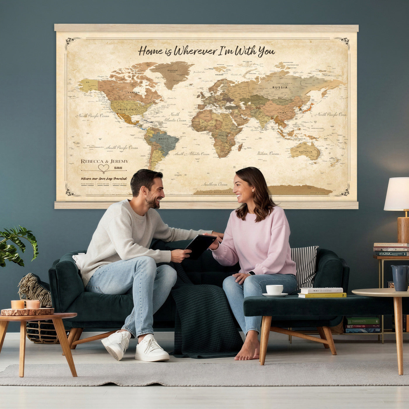 40086165-T-MGV-TP-30X20 - Framed Vintage Custom World Map Tapestry Print - Personalized Travel Map Wall Art Tapestry