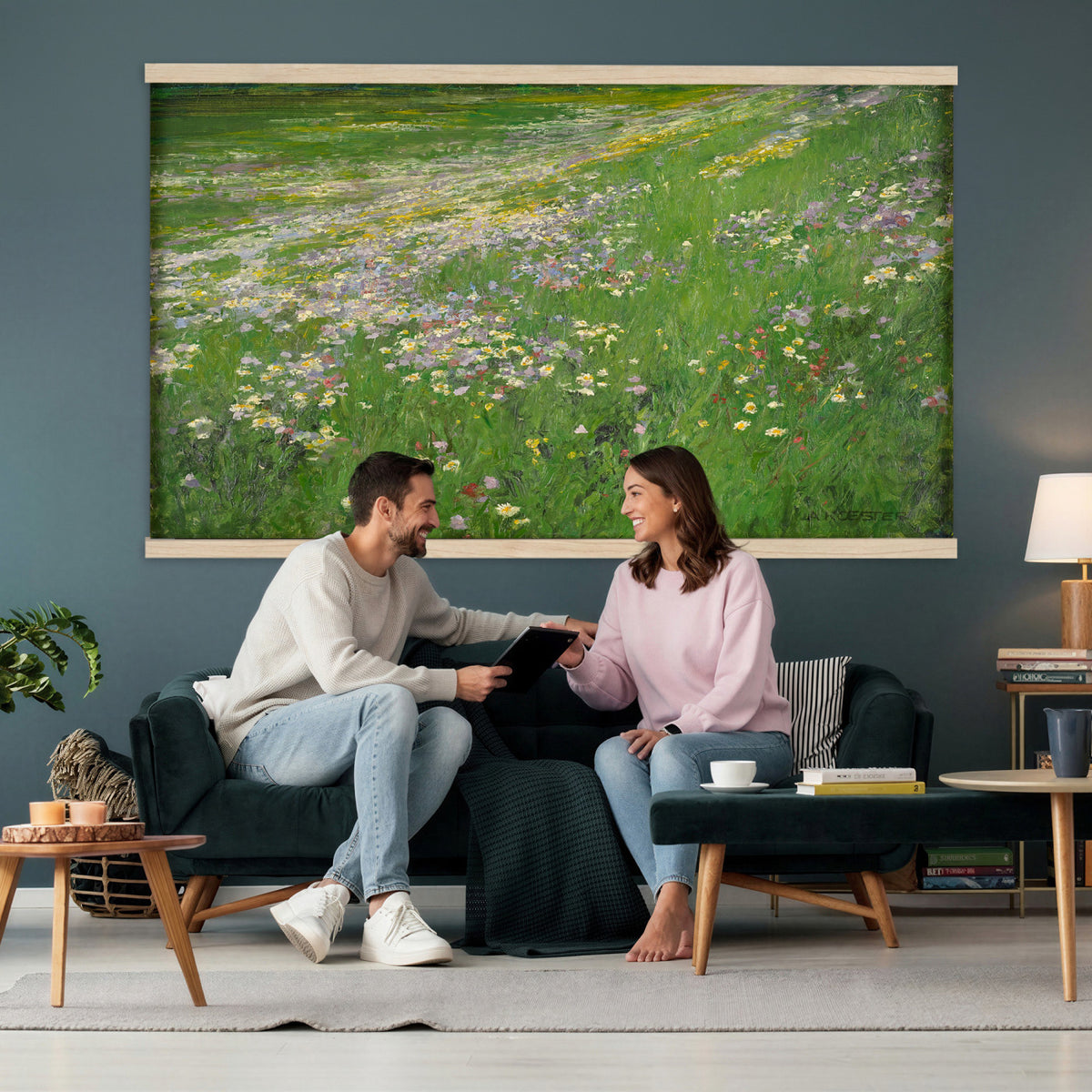 63535040-MGV-TP-30X20 - Impressionism oil painting tapestry wall hanging of "Wildflower Meadow", showing a wide meadow of daisies and summer wildflowers, painted in quick color strokes under warm open light in white daisies and yellow blooms across fresh green grass. Extra large wall art, made in the USA.
