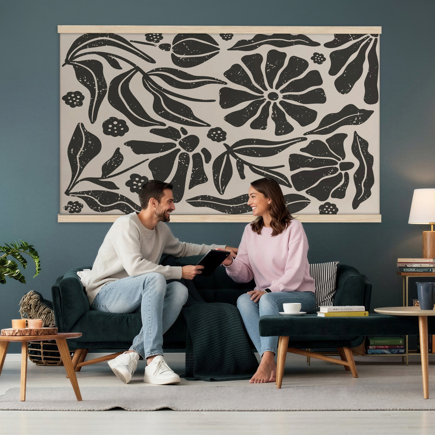 21342917-MGV-TP-30X20 - Mid Century Modern linocut print tapestry wall hanging of "Abstract Floral Linocut", showing simplified flower heads and stems cut into bold black shapes against clean white space in bold black shapes on a bright white ground. Extra large wall art, made in the USA.