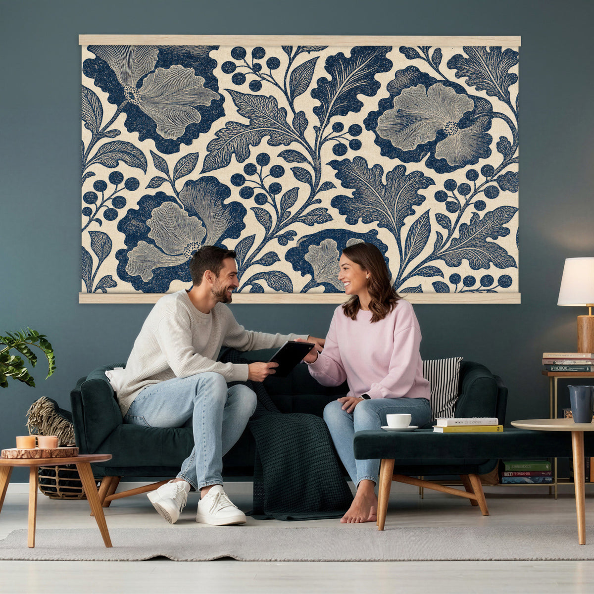 97130377-MGV-TP-30X20 - Art Nouveau pattern design tapestry wall hanging of "Indigo Botanical Pattern" by William Morris, showing trailing indigo stems, open blossoms and curling leaves repeating across the full width in deep indigo and cobalt blue with soft cream linework. Extra large wall art, made in the USA.