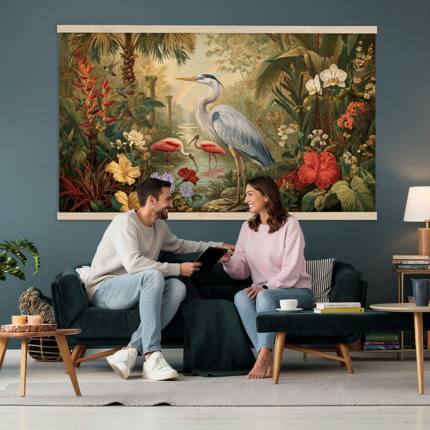 20081183-MGV-TP-30X20 - Botanical botanical illustration tapestry wall hanging of "Great Blue Heron in the Jungle", showing a great blue heron standing among hibiscus blooms, palm fronds and dense tropical foliage in deep jungle greens with red hibiscus and soft blue heron plumage. Extra large wall art, made in the USA.