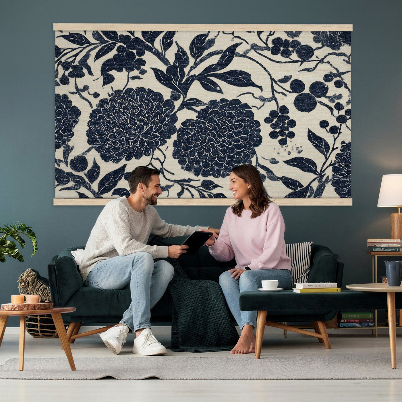 42507419-MGV-TP-30X20 - Chinoiserie ink block print tapestry wall hanging of "Chinoiserie Peony and Chrysanthemum Panel", showing peonies and chrysanthemums layered across a soft grey field, drawn in muted black line in black and soft grey linework on a warm neutral ground. Extra large wall art, made in the USA.