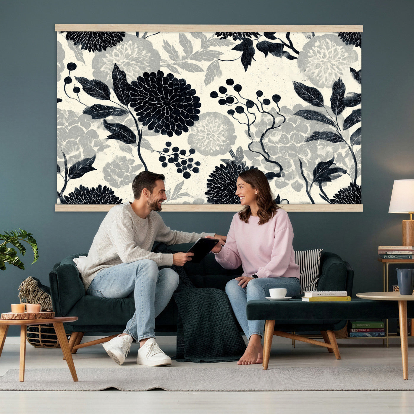 27269625-MGV-TP-30X20 - Chinoiserie ink block print tapestry wall hanging of "Chinoiserie Peony and Chrysanthemum Panel", showing peonies and chrysanthemums layered across a soft grey field, drawn in muted black line in black and soft grey linework on a warm neutral ground. Extra large wall art, made in the USA.