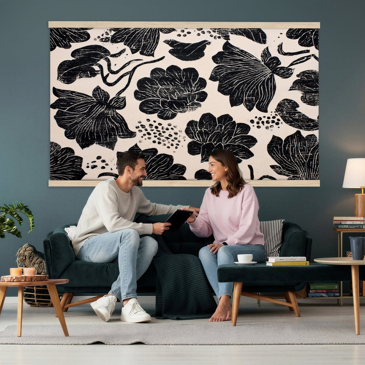 91793867-MGV-TP-30X20 - Chinoiserie ink block print tapestry wall hanging of "Chinoiserie Lotus Panel", showing open lotus flowers and broad water lily pads rising on tall stems, cut in bold black and white in deep black lotus linework on a soft white ground. Extra large wall art, made in the USA.