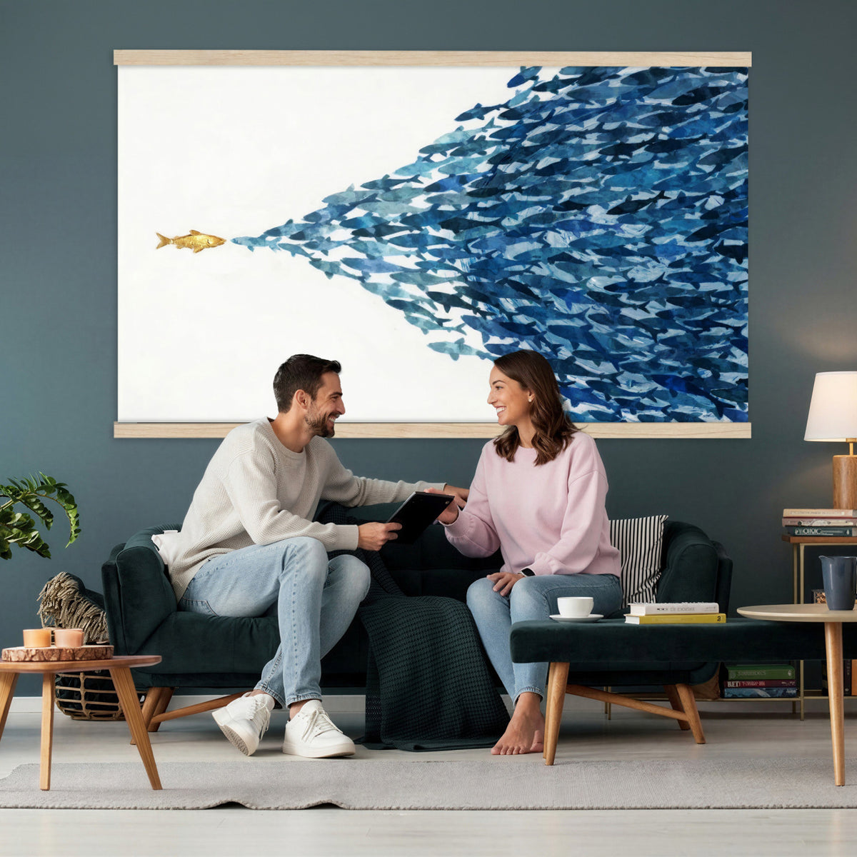 79089639TT-MGV-TP-30X20 - Abstract Blue Fish School Canvas Wall Art, Gold Foil Accent Marine Print