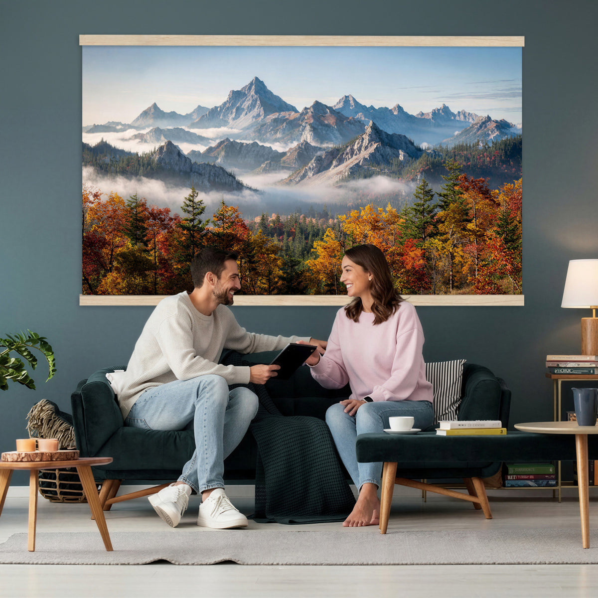 38847944-MGV-TP-30X20 - Majestic Mountain Peak Canvas Wall Art - Panoramic Autumn Forest Fog Landscape Print