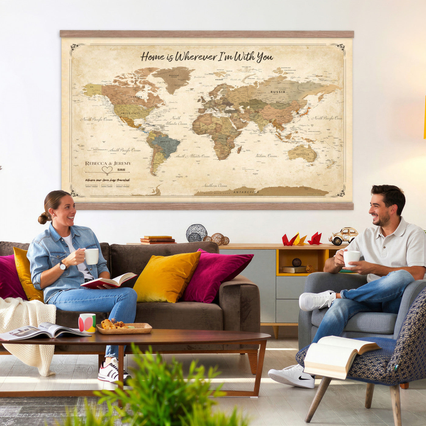 40086165-T-MGV-TP-30X20 - Framed Vintage Custom World Map Tapestry Print - Personalized Travel Map Wall Art Tapestry