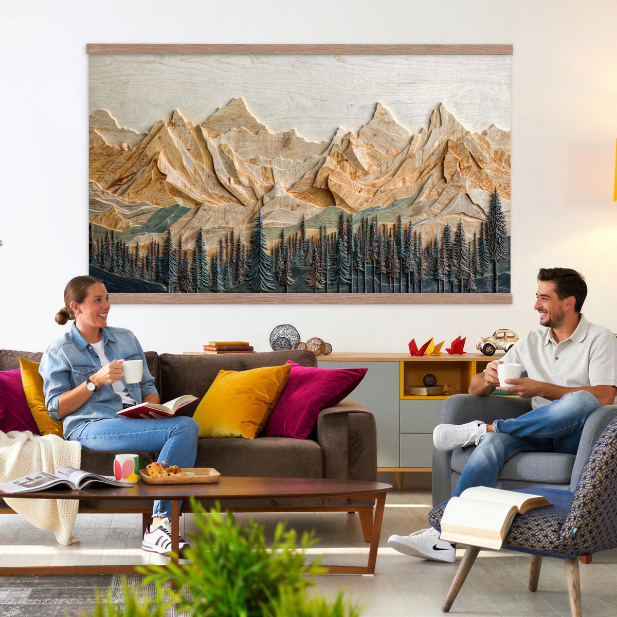 66676213-MGV-TP-30X20 - Geometric Wood Mountain Wall Art Canvas Print, 3D Look Rustic Mosaic Landscape Print