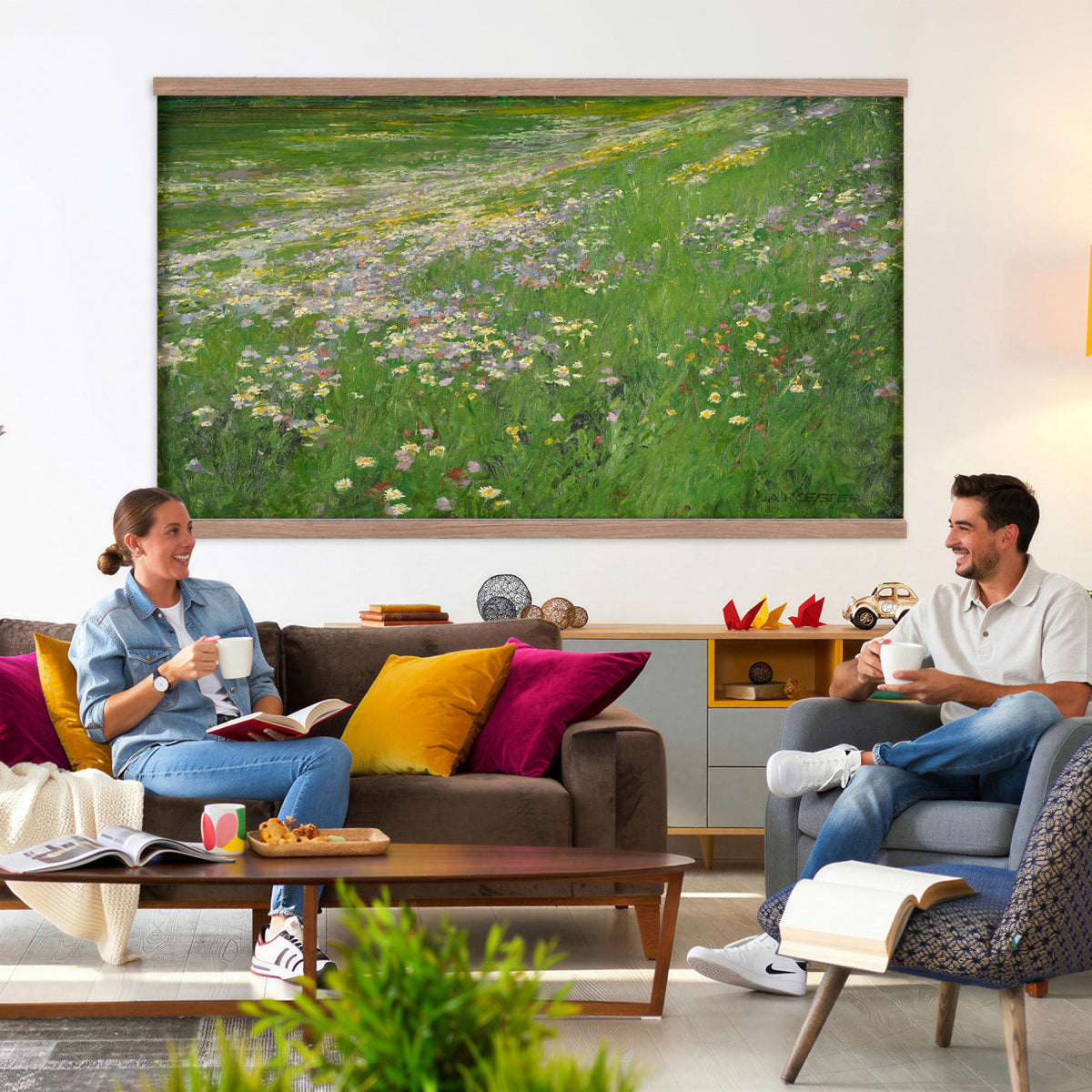 63535040-MGV-TP-30X20 - Impressionism oil painting tapestry wall hanging of "Wildflower Meadow", showing a wide meadow of daisies and summer wildflowers, painted in quick color strokes under warm open light in white daisies and yellow blooms across fresh green grass. Extra large wall art, made in the USA.