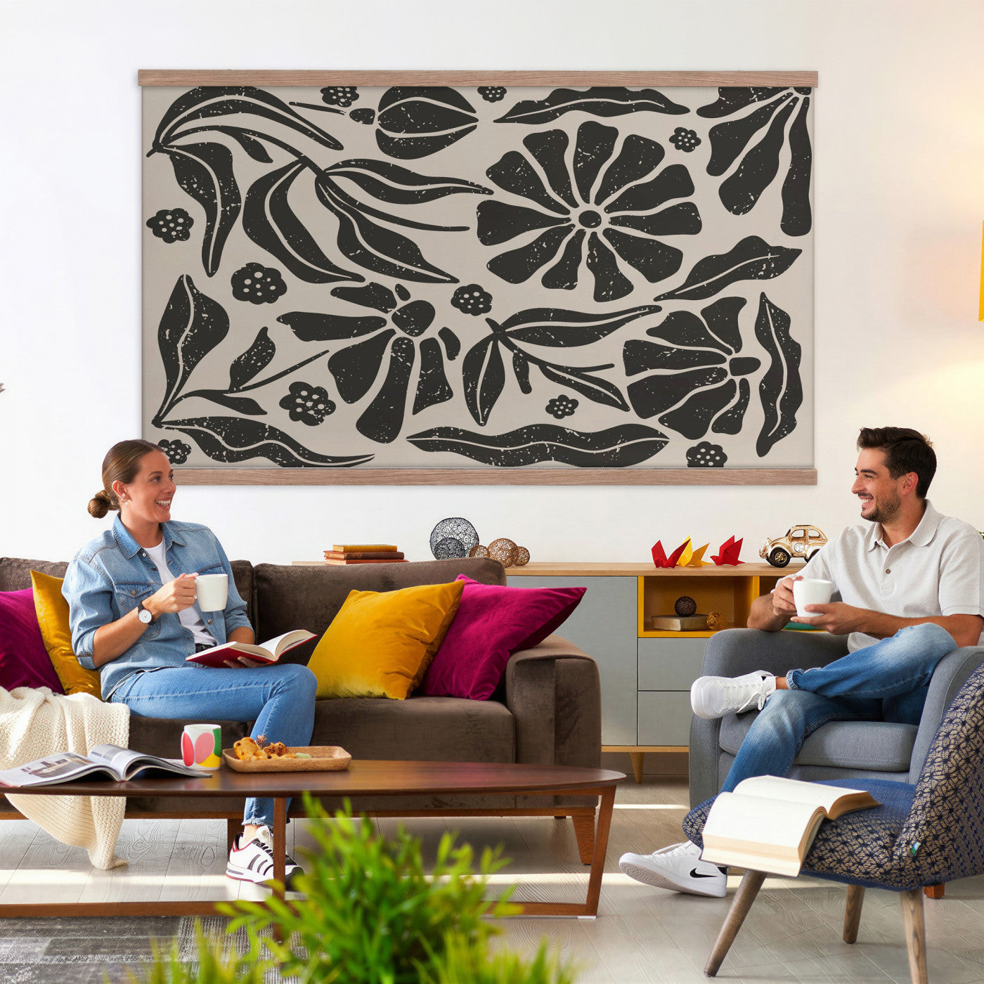 21342917-MGV-TP-30X20 - Mid Century Modern linocut print tapestry wall hanging of "Abstract Floral Linocut", showing simplified flower heads and stems cut into bold black shapes against clean white space in bold black shapes on a bright white ground. Extra large wall art, made in the USA.