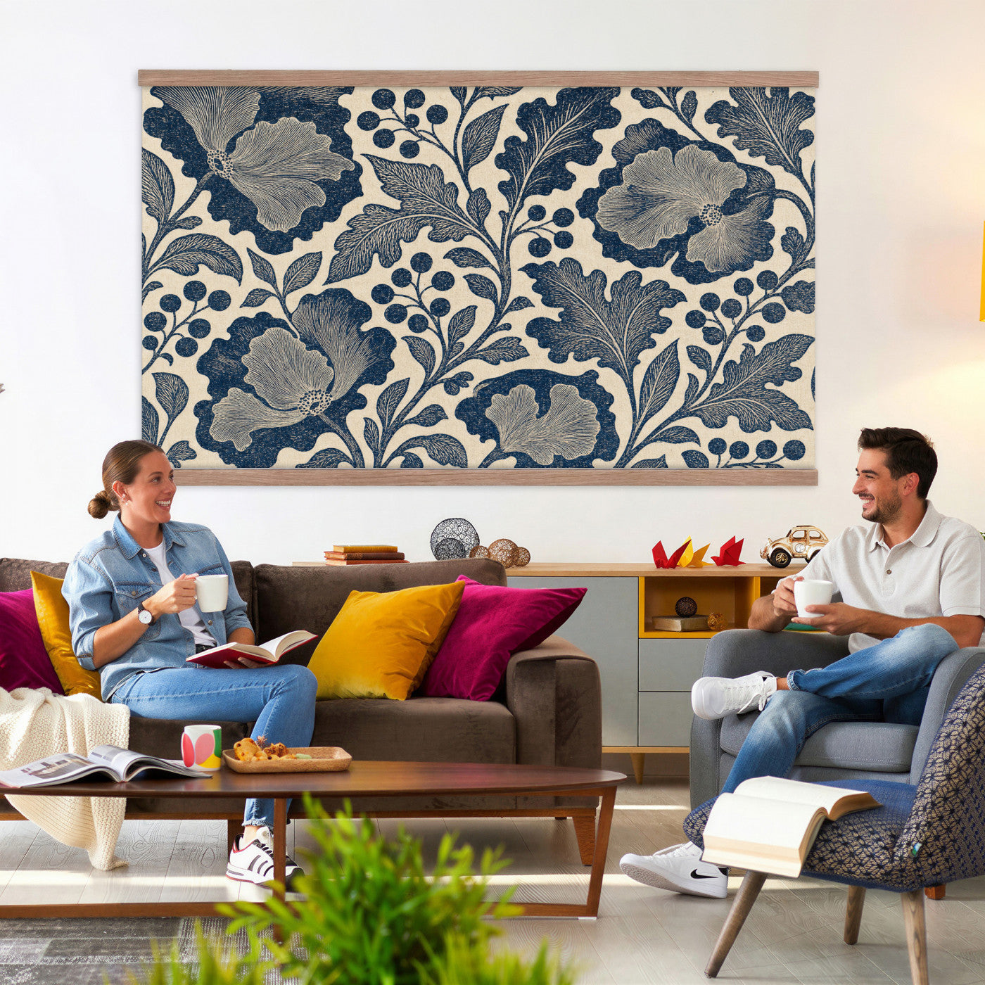 97130377-MGV-TP-30X20 - Art Nouveau pattern design tapestry wall hanging of "Indigo Botanical Pattern" by William Morris, showing trailing indigo stems, open blossoms and curling leaves repeating across the full width in deep indigo and cobalt blue with soft cream linework. Extra large wall art, made in the USA.