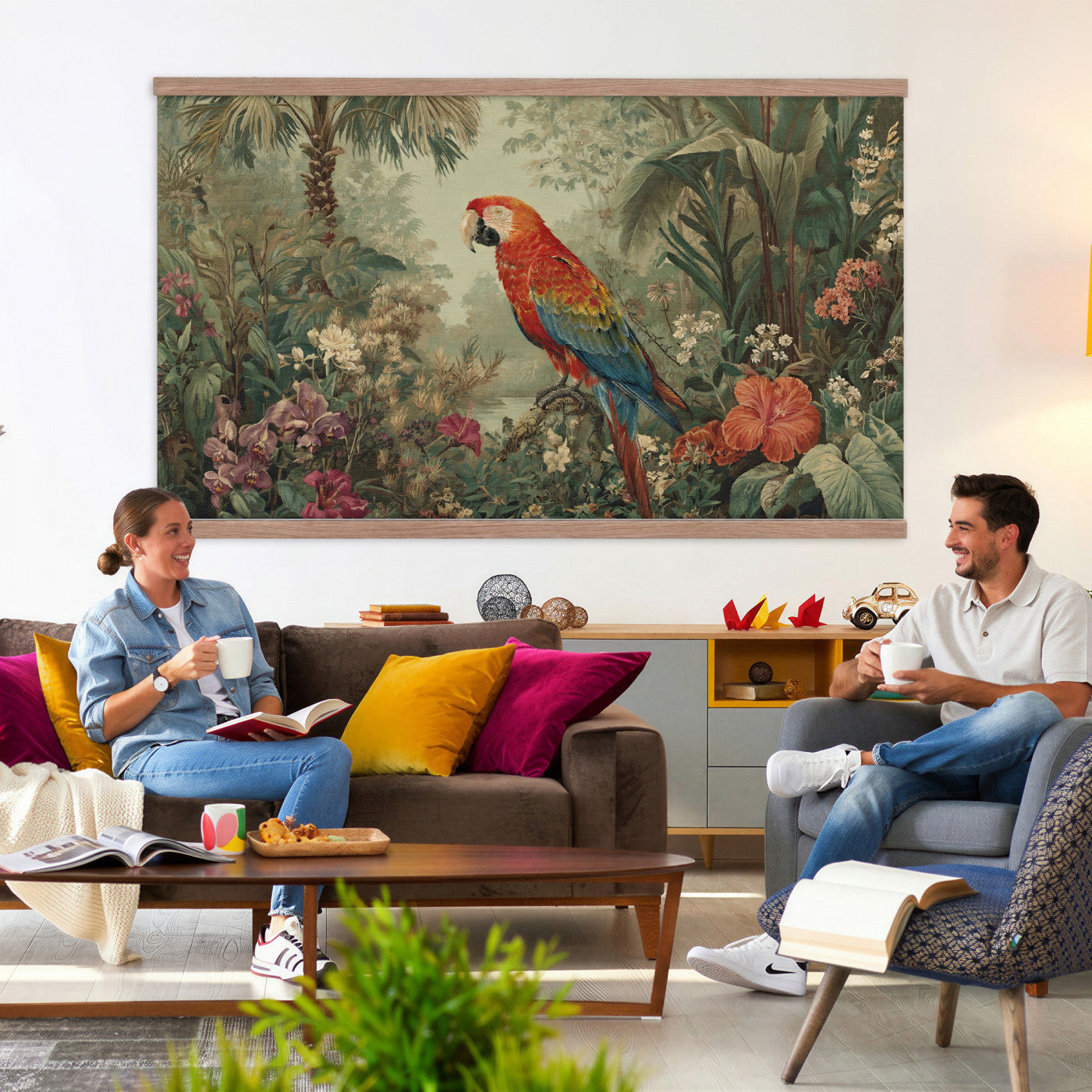 75232040-MGV-TP-30X20 - Botanical botanical illustration tapestry wall hanging of "Scarlet Macaw in the Jungle", showing a scarlet macaw perched among hibiscus flowers, palm leaves and thick rainforest growth in bright scarlet and gold plumage against deep jungle green. Extra large wall art, made in the USA.
