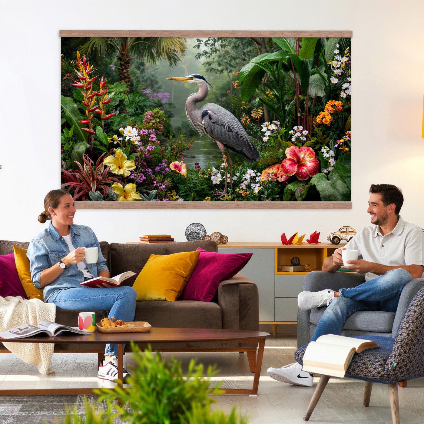 82504330-MGV-TP-30X20 - Botanical botanical illustration tapestry wall hanging of "Great Blue Heron in the Jungle", showing a great blue heron standing among hibiscus blooms, palm fronds and dense tropical foliage in deep jungle greens with red hibiscus and soft blue heron plumage. Extra large wall art, made in the USA.