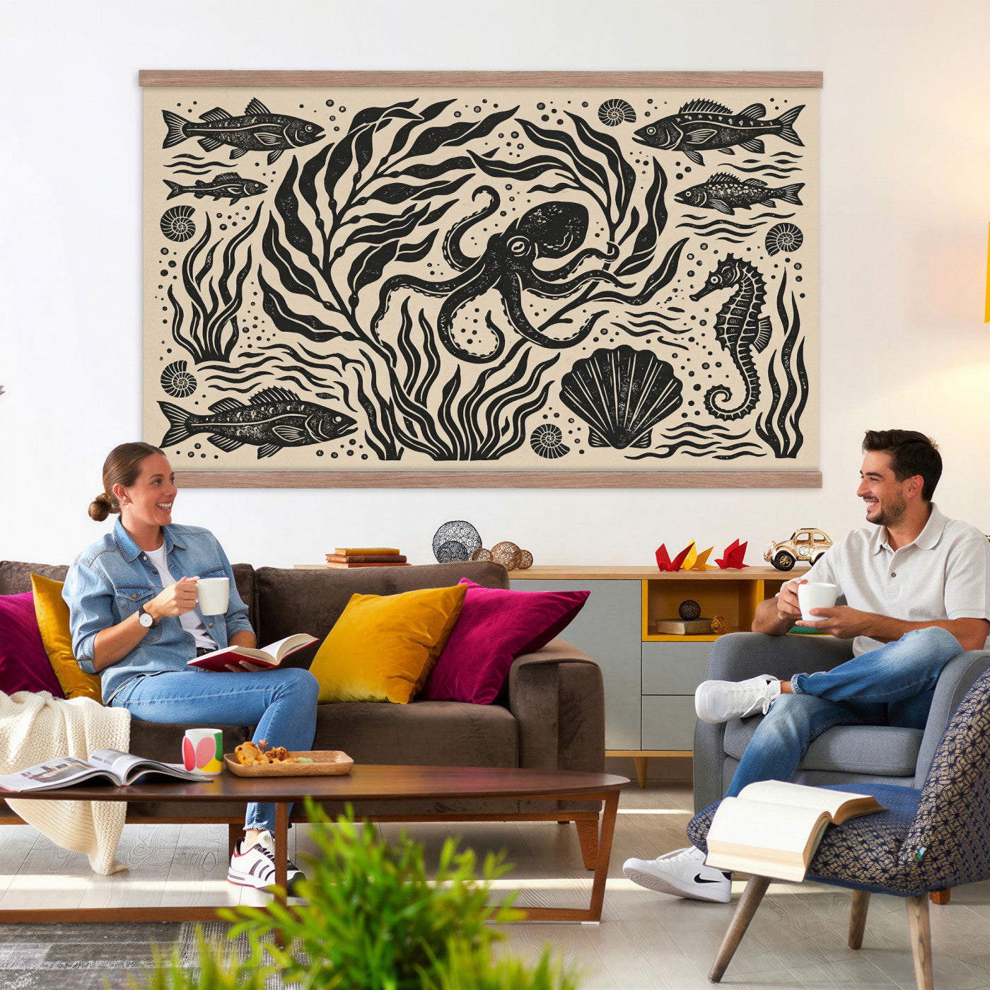 75988079-MGV-TP-30X20 - Folk Art linocut print tapestry wall hanging of "Ocean Life Panel", showing an octopus, seahorses, shells and curling waves cut into bold black and white folk art shapes in bold black linocut shapes on a cream ground. Extra large wall art, made in the USA.