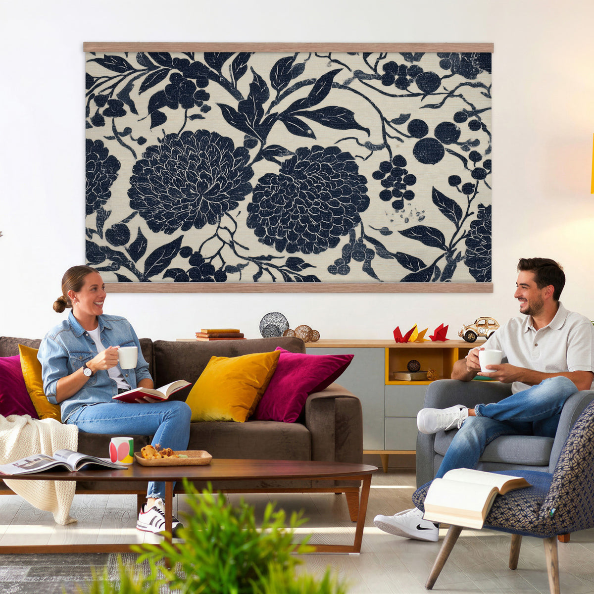 42507419-MGV-TP-30X20 - Chinoiserie ink block print tapestry wall hanging of "Chinoiserie Peony and Chrysanthemum Panel", showing peonies and chrysanthemums layered across a soft grey field, drawn in muted black line in black and soft grey linework on a warm neutral ground. Extra large wall art, made in the USA.