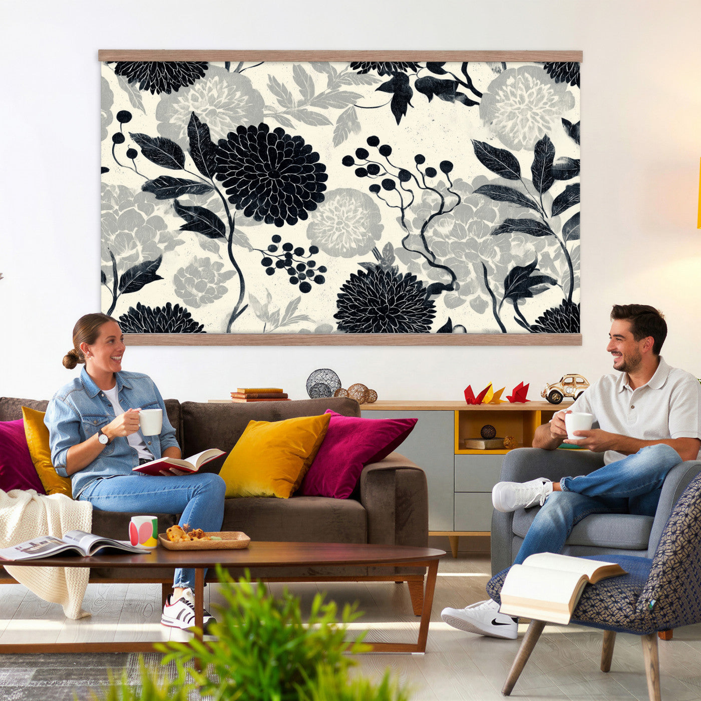 27269625-MGV-TP-30X20 - Chinoiserie ink block print tapestry wall hanging of "Chinoiserie Peony and Chrysanthemum Panel", showing peonies and chrysanthemums layered across a soft grey field, drawn in muted black line in black and soft grey linework on a warm neutral ground. Extra large wall art, made in the USA.