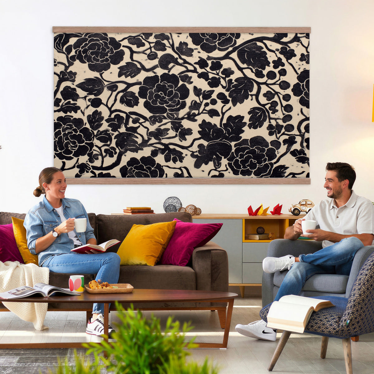 18660803-MGV-TP-30X20 - Chinoiserie ink block print tapestry wall hanging of "Chinoiserie Peony Panel", showing full peony blooms, curling stems and layered leaf work drawn in fine black line on a pale ground in deep black linework on a soft white ground. Extra large wall art, made in the USA.
