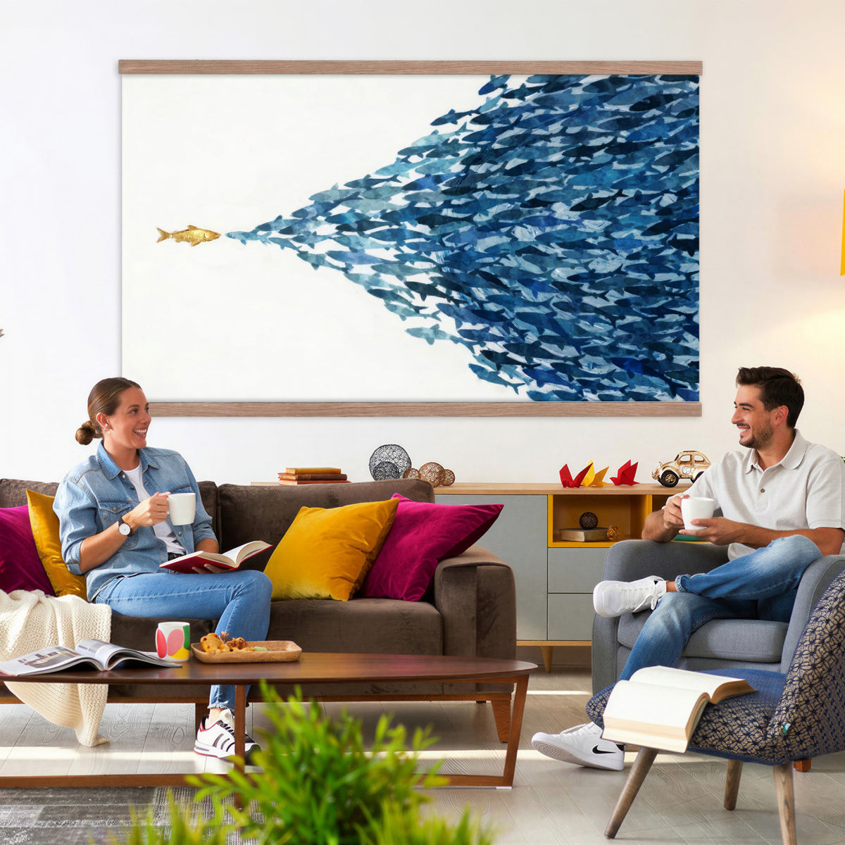 79089639TT-MGV-TP-30X20 - Abstract Blue Fish School Canvas Wall Art, Gold Foil Accent Marine Print