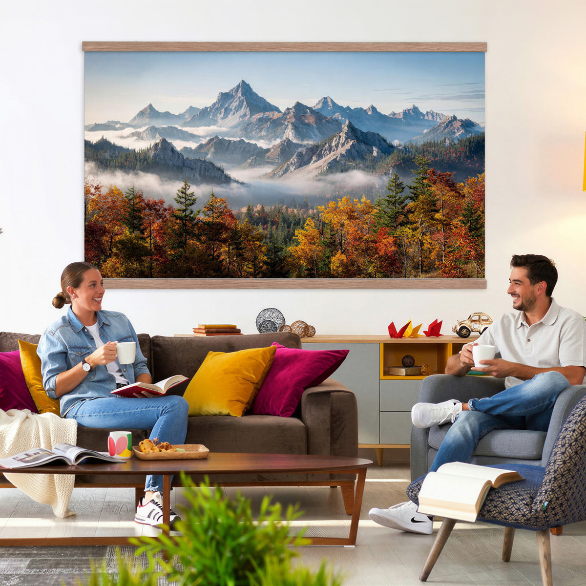 38847944-MGV-TP-30X20 - Majestic Mountain Peak Canvas Wall Art - Panoramic Autumn Forest Fog Landscape Print