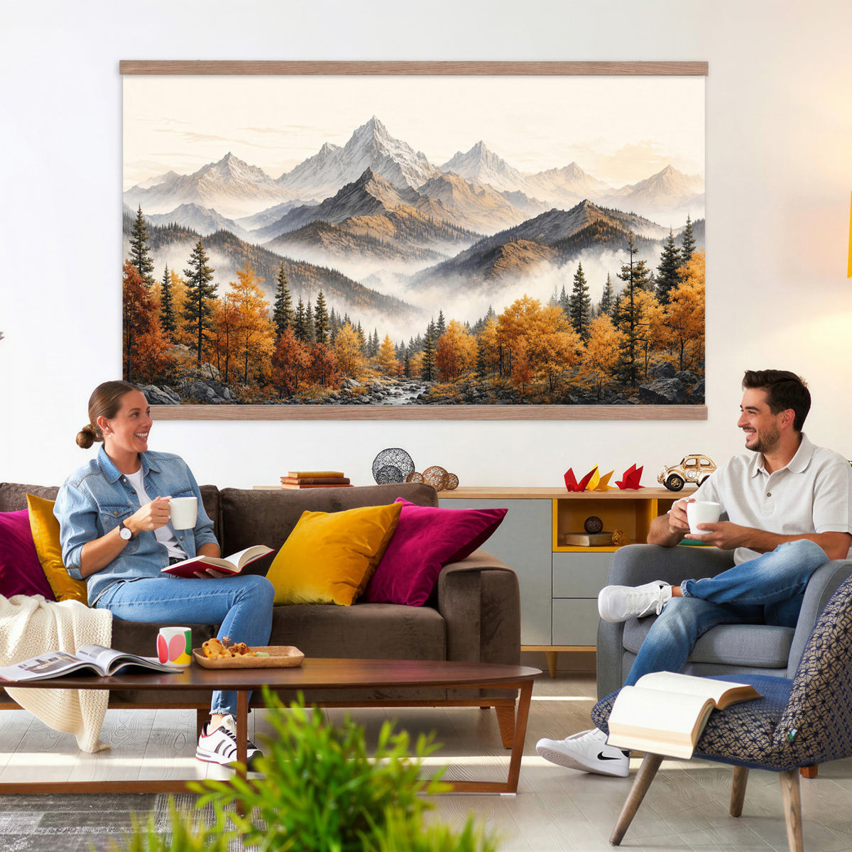 21309099-MGV-TP-30X20 - Extra Large Misty Mountain Autumn Forest Canvas Wall Art - Watercolor Fall Nature Landscape Print