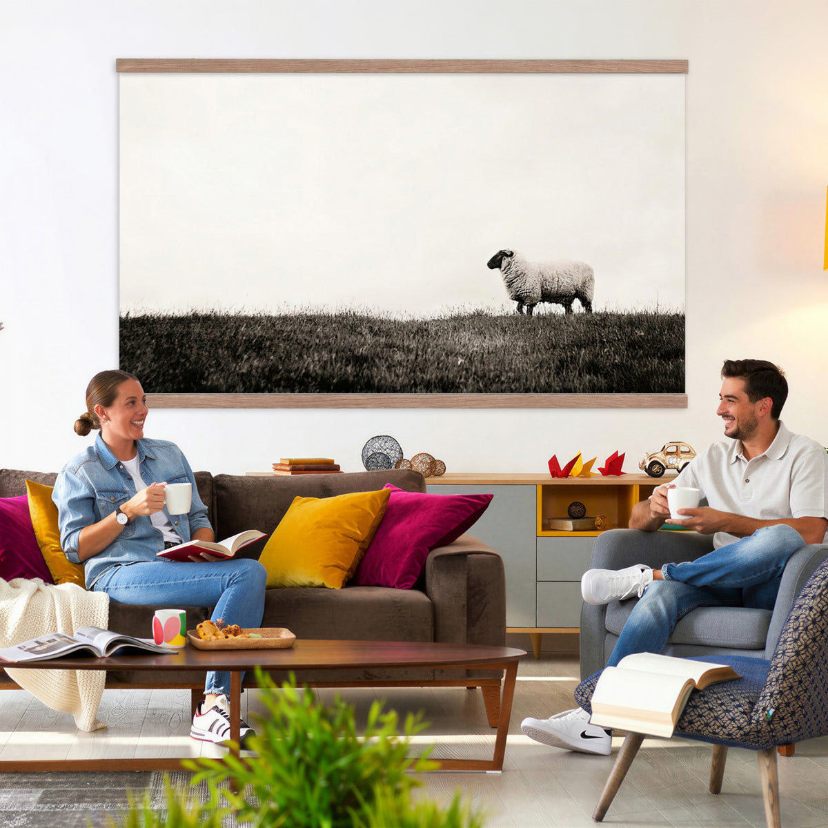 72749448-MGV-TP-30X20 - Minimalist Sepia Sheep Canvas Wall Art - Rustic Farmhouse Country Landscape Print