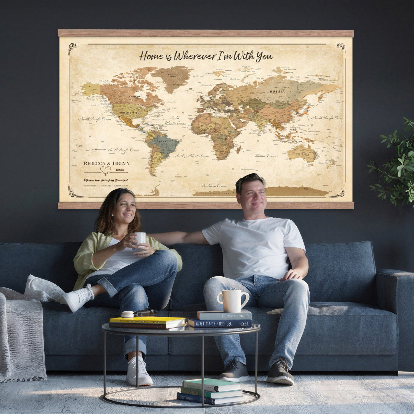 40086165-MGV-TP-30X20 - Framed Vintage Custom Push Pin World Map Canvas Print – Personalized Travel Map Wall Art