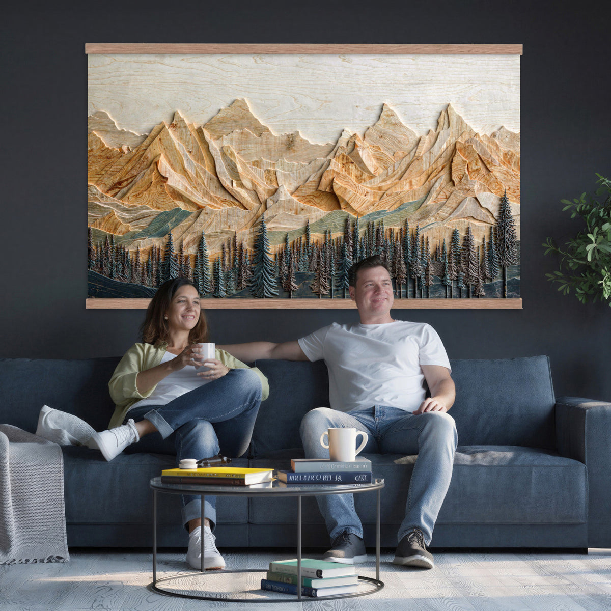 66676213-MGV-TP-30X20 - Geometric Wood Mountain Wall Art Canvas Print, 3D Look Rustic Mosaic Landscape Print