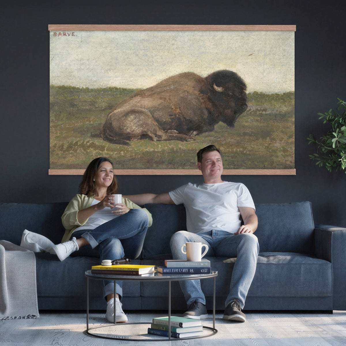 59987270-MGV-TP-30X20 - Realism oil painting tapestry wall hanging of "Bison Lying Down" by Antoine-Louis Barye, showing a heavy bison at rest on open prairie ground, painted with weight and quiet animal presence in deep brown bison coat against muted prairie grass and a low sky. Extra large wall art, made in the USA.