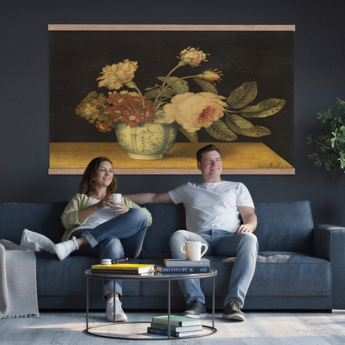 41160341-MGV-TP-30X20 - Impressionism oil painting tapestry wall hanging of "Golden Roses" by Olga Boznanska, showing a loose bunch of golden yellow roses in a glass vase, painted with soft dissolving edges against a warm ground in warm golden-yellow rose petals against a soft muted brown background. Extra large wall art, made in the USA.