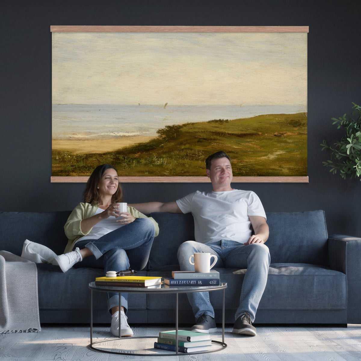 33440930-MGV-TP-30X20 - Impressionism oil painting tapestry wall hanging of "Beach Dunes" by Max Clarenbach, showing low rolling sand dunes topped with pale beach grass, opening toward a quiet sea under a wide soft sky in pale sand tones and dune grass under a wide soft blue-grey sky. Extra large wall art, made in the USA.