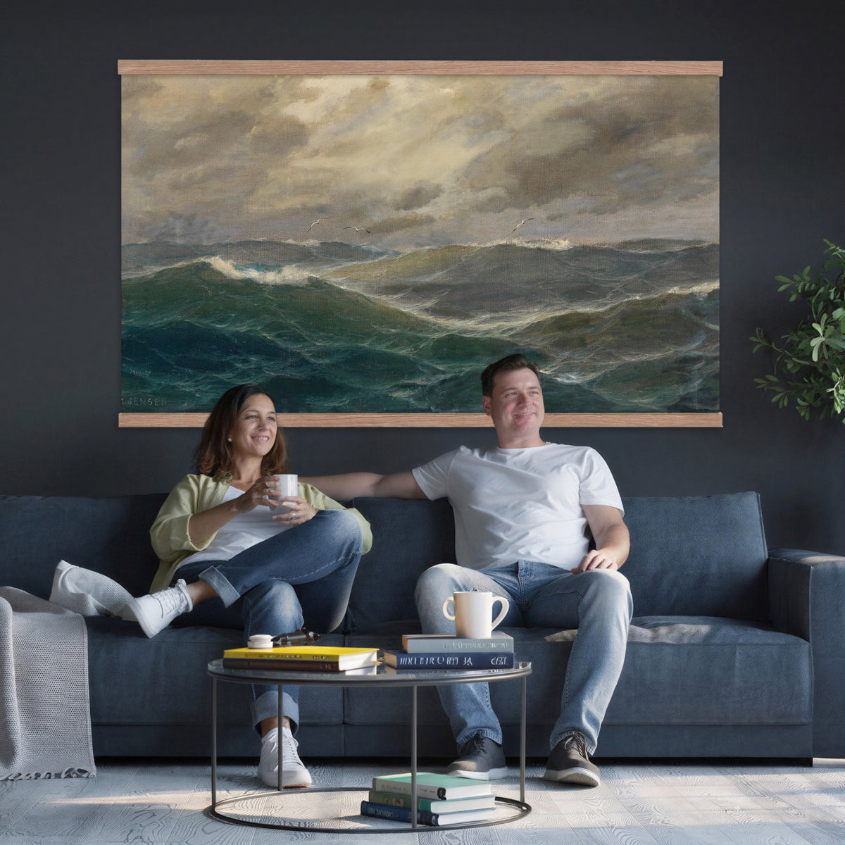 93539190-MGV-TP-30X20 - Realism oil painting tapestry wall hanging of "Stormy Sea" by Alfred Jensen, showing heavy breaking waves rolling under a dark storm sky, with white foam catching the last light on the water in deep grey-green waves with white foam under a heavy storm sky. Extra large wall art, made in the USA.