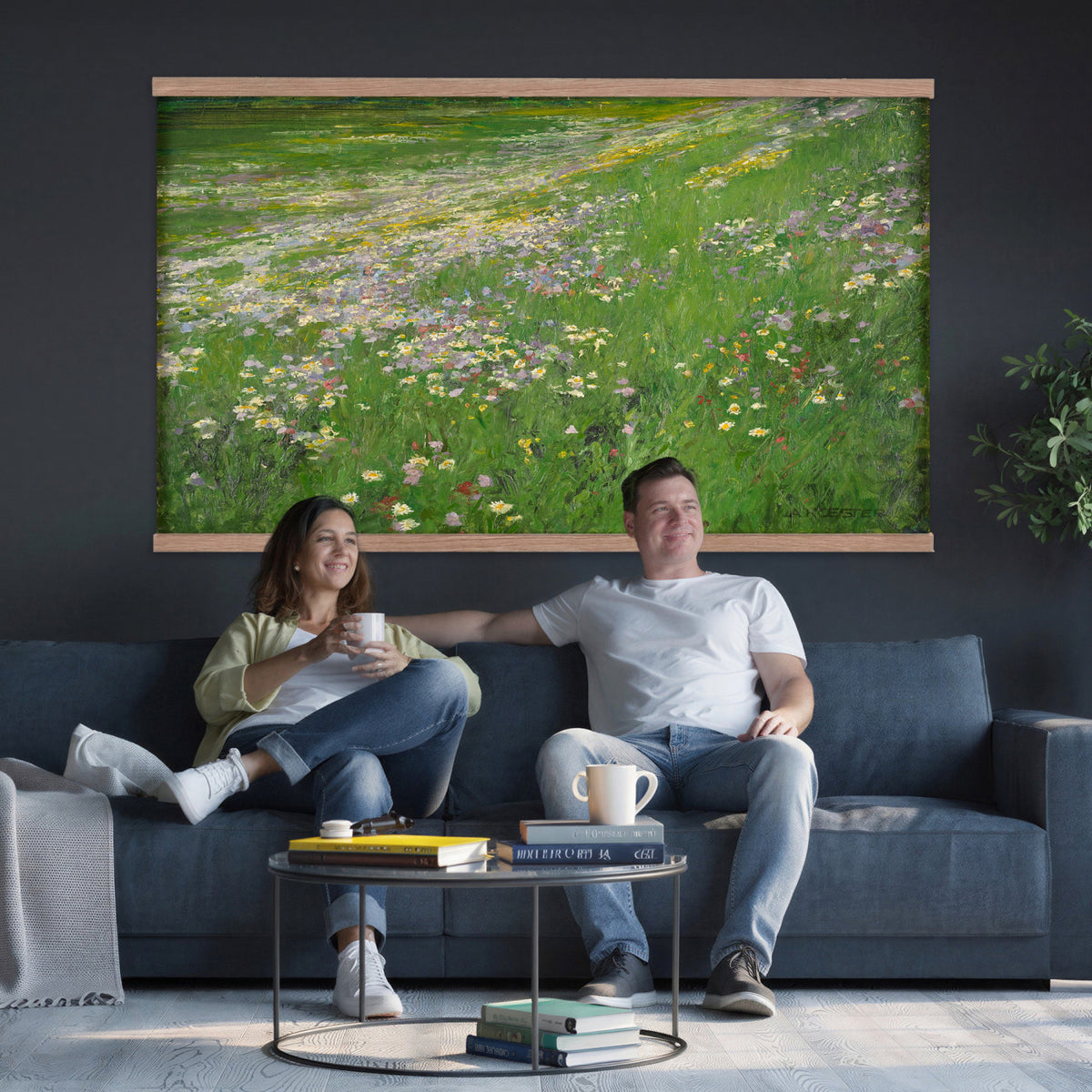63535040-MGV-TP-30X20 - Impressionism oil painting tapestry wall hanging of "Wildflower Meadow", showing a wide meadow of daisies and summer wildflowers, painted in quick color strokes under warm open light in white daisies and yellow blooms across fresh green grass. Extra large wall art, made in the USA.