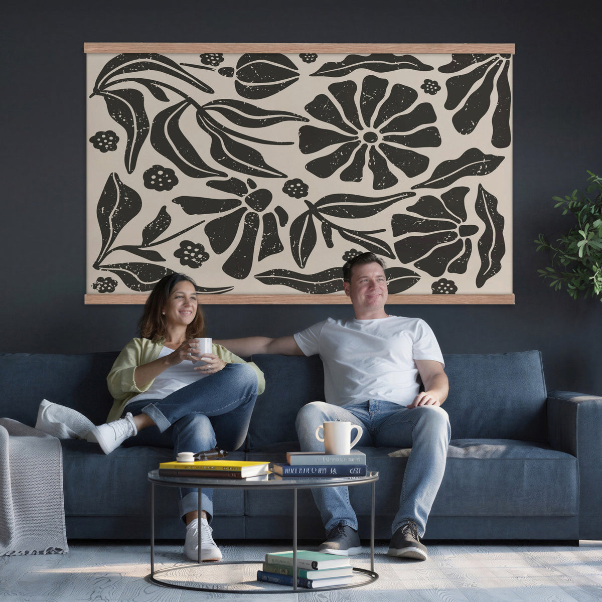 21342917-MGV-TP-30X20 - Mid Century Modern linocut print tapestry wall hanging of "Abstract Floral Linocut", showing simplified flower heads and stems cut into bold black shapes against clean white space in bold black shapes on a bright white ground. Extra large wall art, made in the USA.