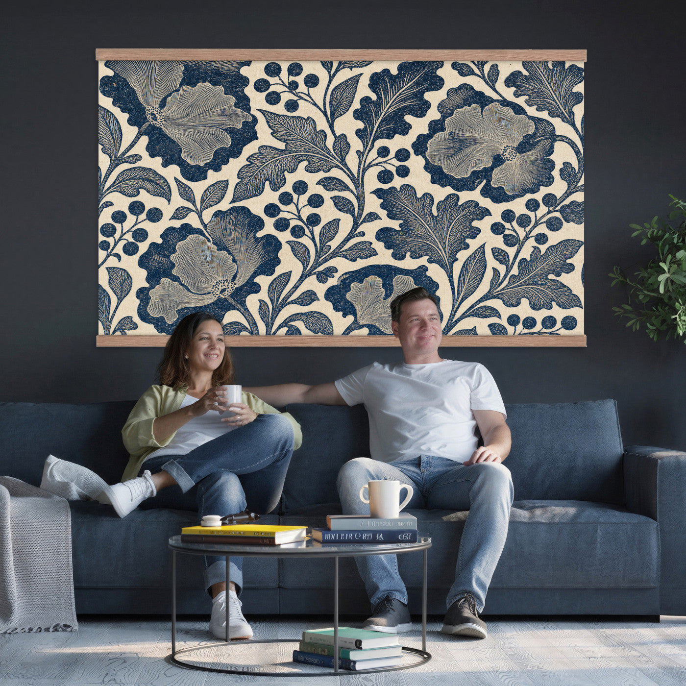 97130377-MGV-TP-30X20 - Art Nouveau pattern design tapestry wall hanging of "Indigo Botanical Pattern" by William Morris, showing trailing indigo stems, open blossoms and curling leaves repeating across the full width in deep indigo and cobalt blue with soft cream linework. Extra large wall art, made in the USA.
