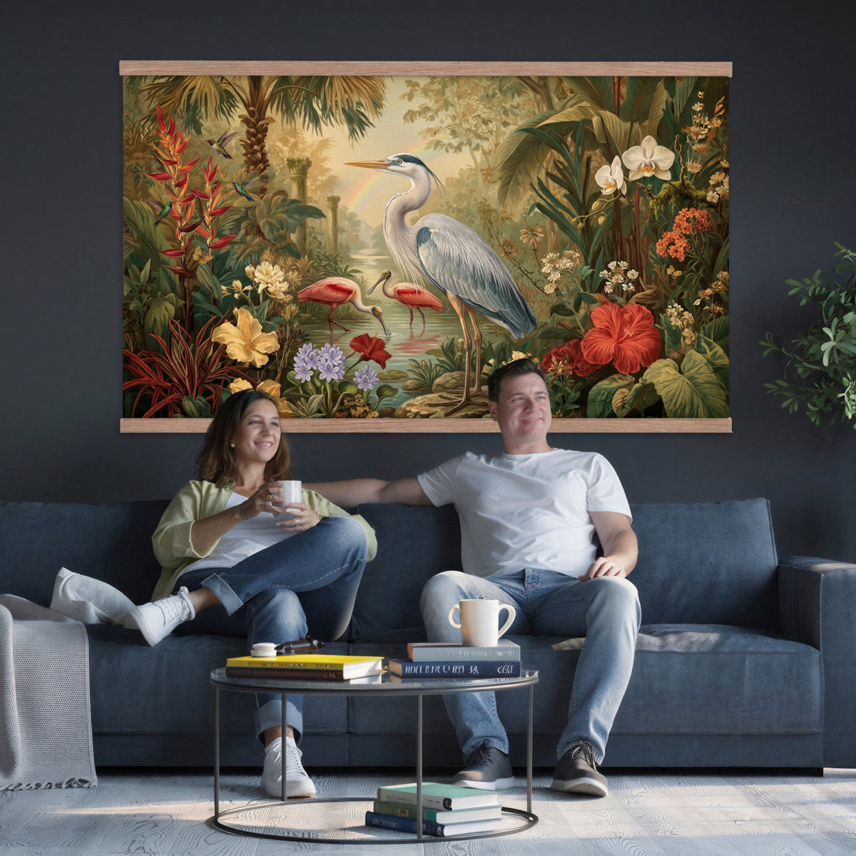 20081183-MGV-TP-30X20 - Botanical botanical illustration tapestry wall hanging of "Great Blue Heron in the Jungle", showing a great blue heron standing among hibiscus blooms, palm fronds and dense tropical foliage in deep jungle greens with red hibiscus and soft blue heron plumage. Extra large wall art, made in the USA.