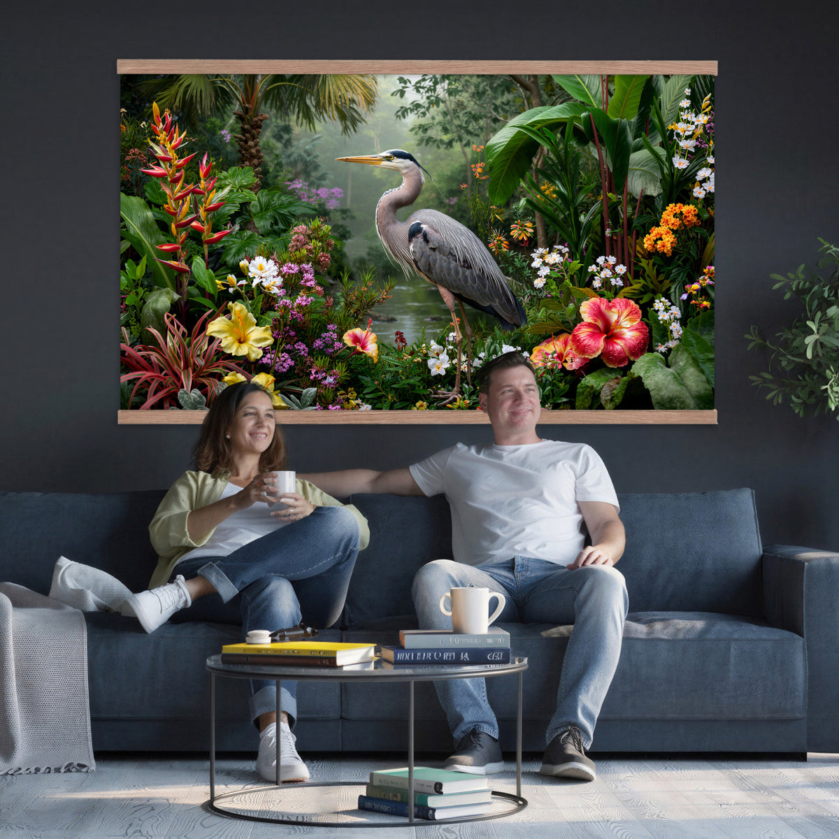 82504330-MGV-TP-30X20 - Botanical botanical illustration tapestry wall hanging of "Great Blue Heron in the Jungle", showing a great blue heron standing among hibiscus blooms, palm fronds and dense tropical foliage in deep jungle greens with red hibiscus and soft blue heron plumage. Extra large wall art, made in the USA.