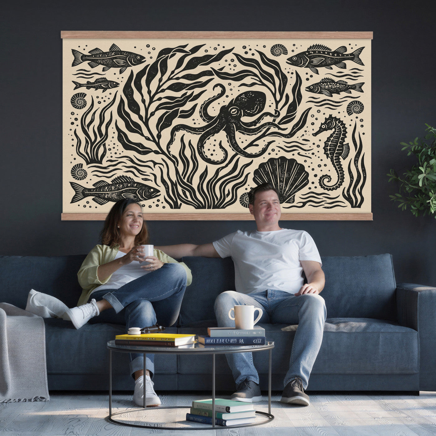75988079-MGV-TP-30X20 - Folk Art linocut print tapestry wall hanging of "Ocean Life Panel", showing an octopus, seahorses, shells and curling waves cut into bold black and white folk art shapes in bold black linocut shapes on a cream ground. Extra large wall art, made in the USA.