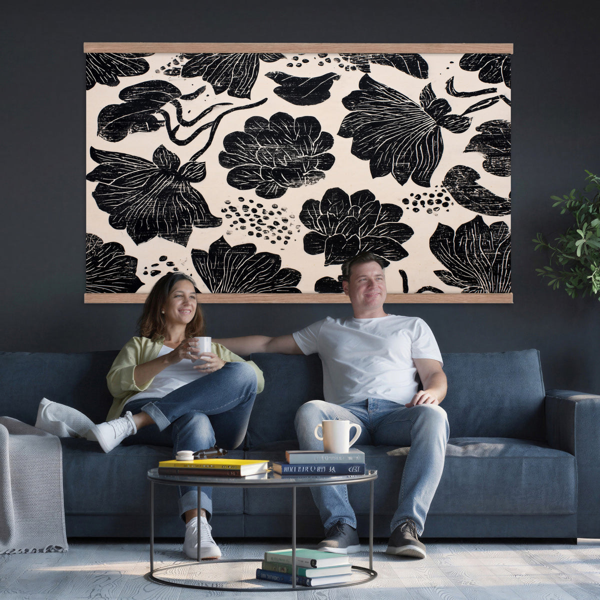 91793867-MGV-TP-30X20 - Chinoiserie ink block print tapestry wall hanging of "Chinoiserie Lotus Panel", showing open lotus flowers and broad water lily pads rising on tall stems, cut in bold black and white in deep black lotus linework on a soft white ground. Extra large wall art, made in the USA.