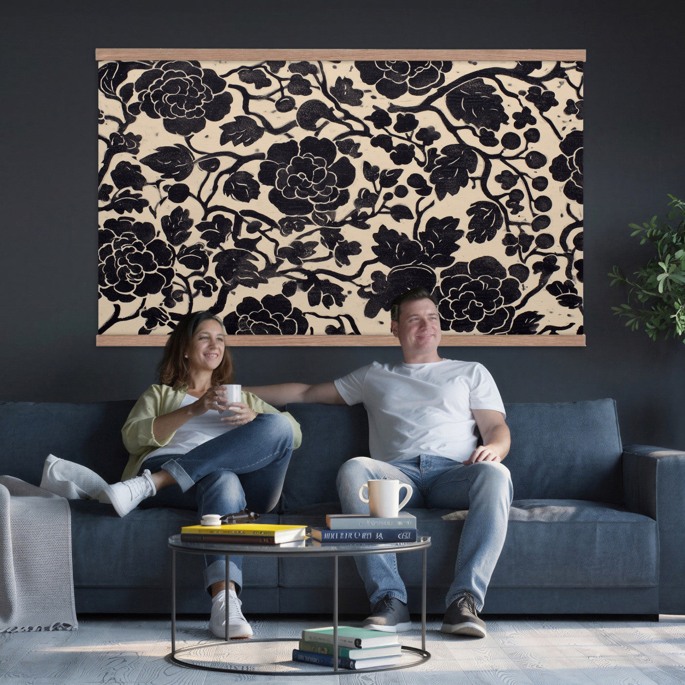 18660803-MGV-TP-30X20 - Chinoiserie ink block print tapestry wall hanging of "Chinoiserie Peony Panel", showing full peony blooms, curling stems and layered leaf work drawn in fine black line on a pale ground in deep black linework on a soft white ground. Extra large wall art, made in the USA.