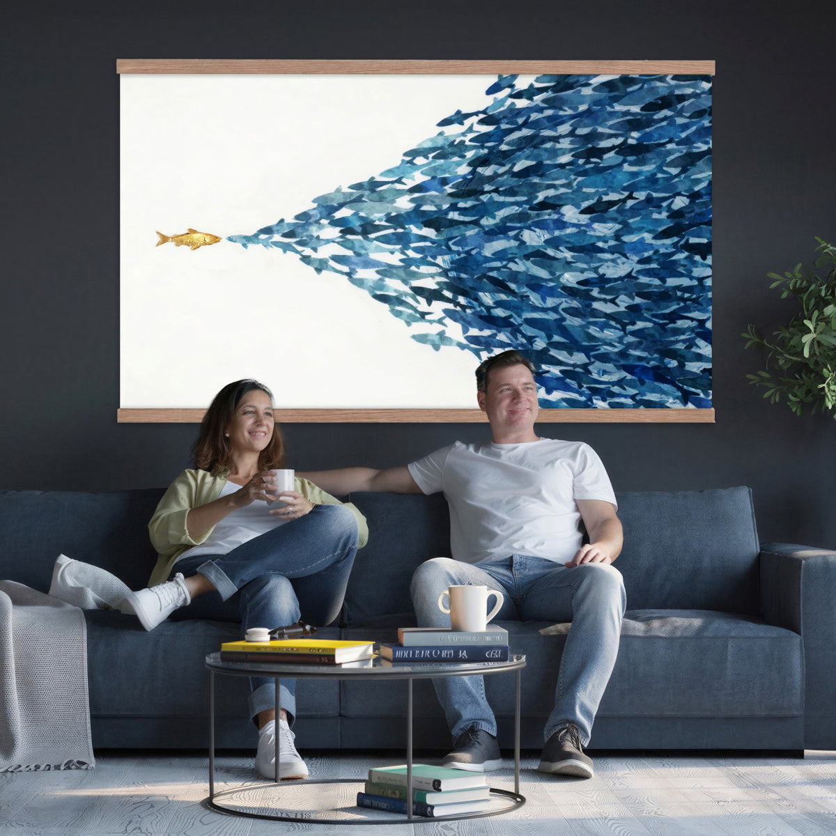 79089639TT-MGV-TP-30X20 - Abstract Blue Fish School Canvas Wall Art, Gold Foil Accent Marine Print