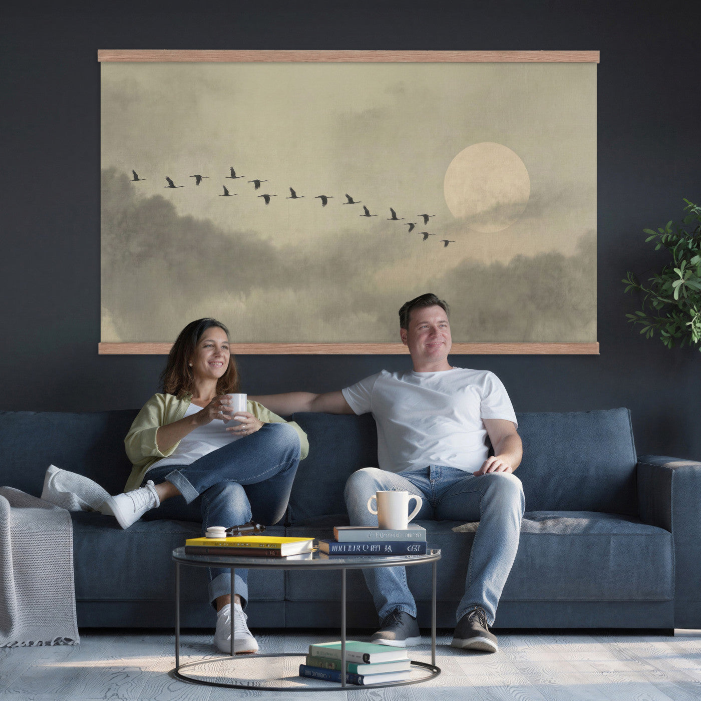 1209814BT-MGV-TP-30X20 - Flying Cranes Tapestry Wall Art, Misty Landscape with Moon, Sage Green Japandi Decor, Framed Print